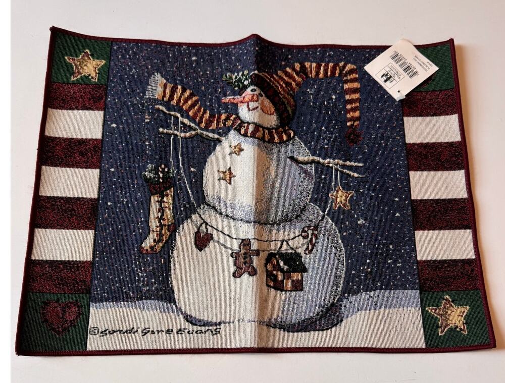 Set of 4 Vtg Manual Woodworkers and Weavers Placemats Snowman 18x13.5" Tapestry